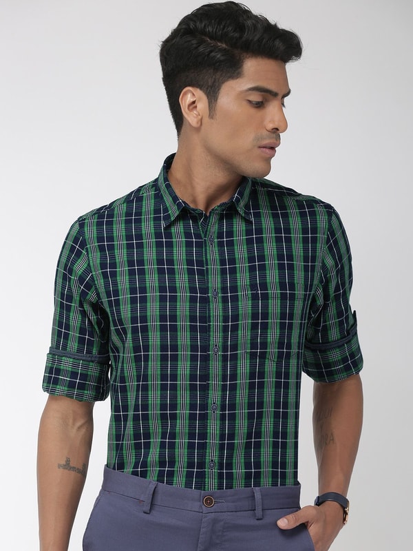 Mens Green Ind Checked Slim Fit Shirt